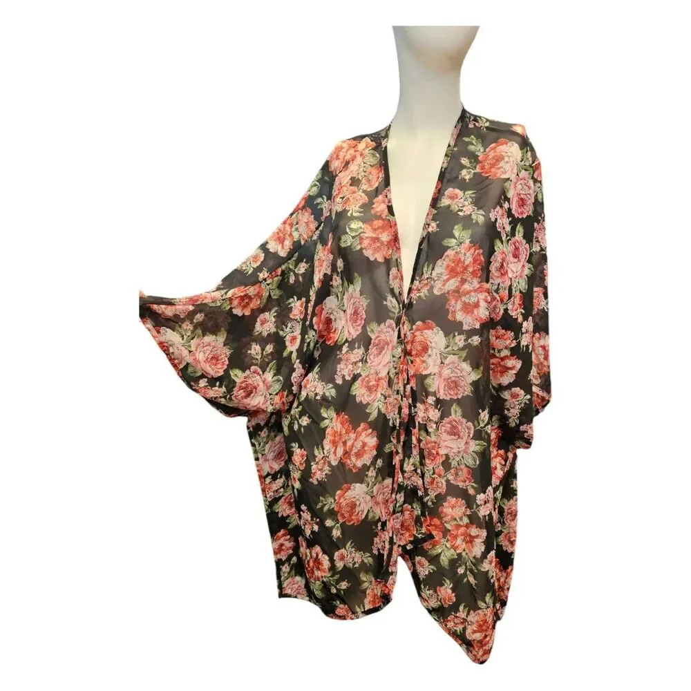 No Boundaries Floral Lace Back Kimono Size 2x - Picture 2 of 8